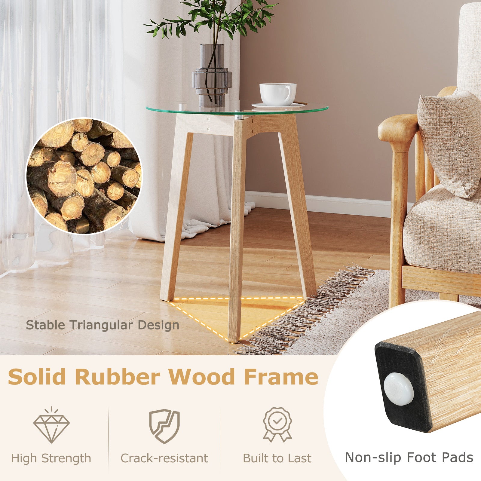 Round Tempered Glass End Table, Solid Rubber Wood, Set of 2, Natural End & Side Tables at Gallery Canada