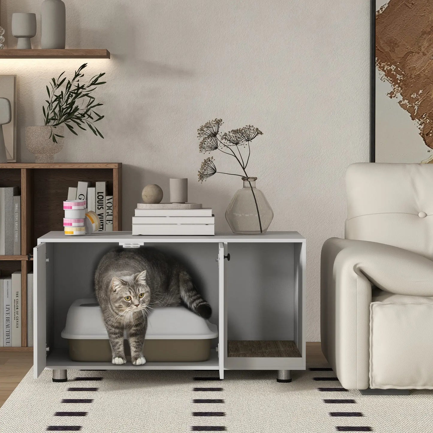 Hidden Cat Litter Box Furniture, Double Doors, Scratching Pad, White Cat Litter Box Enclosures at Gallery Canada