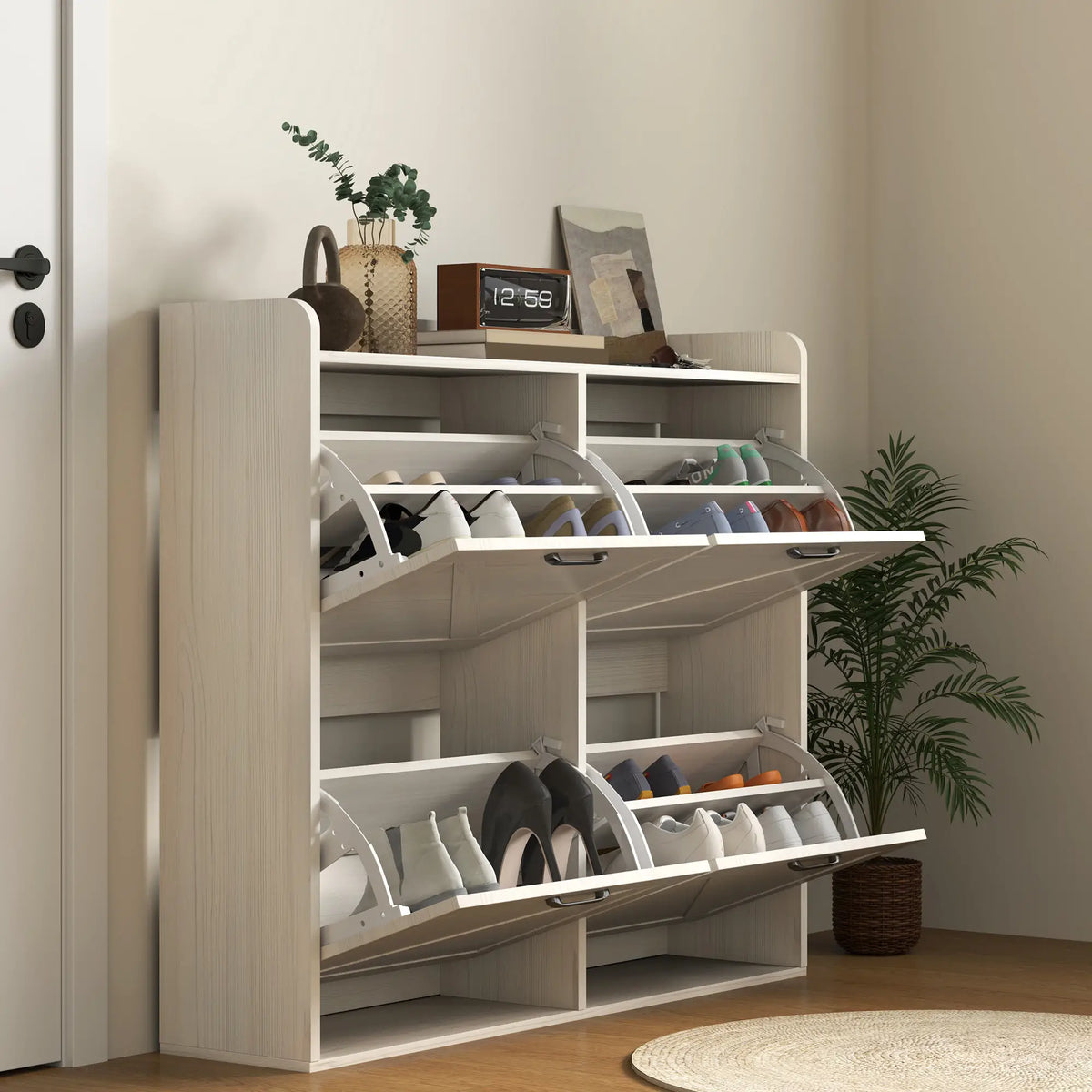 Narrow Shoe Storage Cabinet, 4 Flip Drawers, Adjustable Shelves, 16 Pair, White Oak Shoe Storage Cabinets & Racks at Gallery Canada