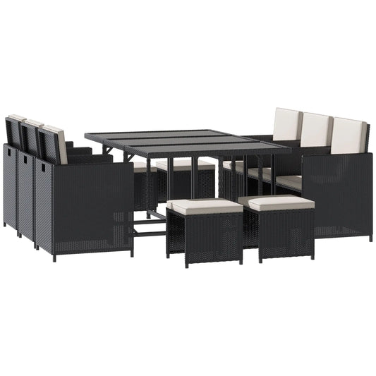 11-Piece Wicker Patio Dining Set, Removable Cushions, Glass Table, 6 Chairs, 4 Ottomans Outdoor Dining Sets Black, Cream White at Gallery Canada