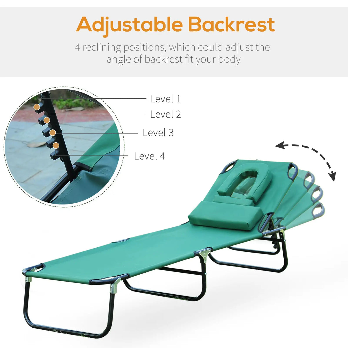 Folding Outdoor Lounge Chair, Portable Reclining Beach Lounger, Detachable Pillow, 3-Position Adjustable, Green