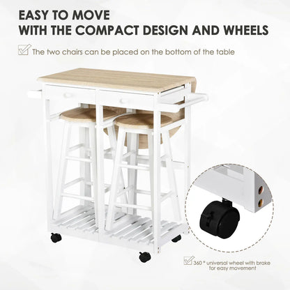 3 Piece Kitchen Cart Set, Drop Leaf Table, 2 Stools, Rolling Wheels, Wood, White Kitchen Islands & Kitchen Carts at Gallery Canada