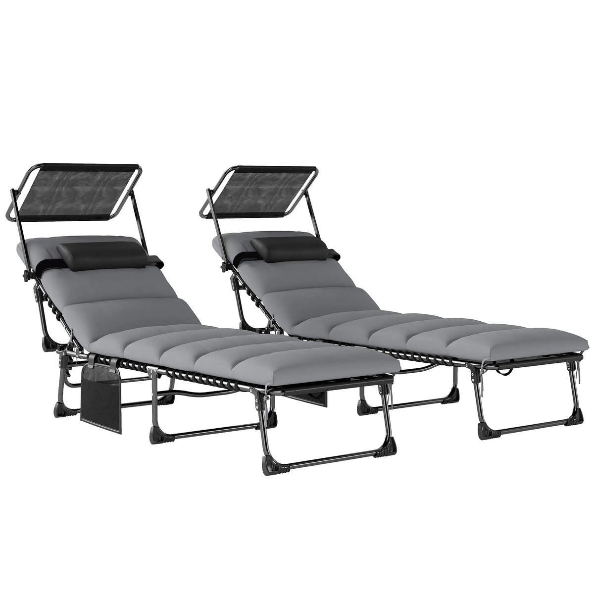 2 PCS Folding Chaise Lounge Chairs, Adjustable 5-Position, Cushion, Canopy, Side Pocket Lounger Chairs at Gallery Canada