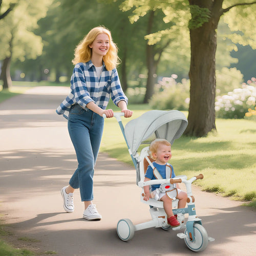 7 in 1 Toddler Tricycle, Adjustable Parent Handle, Canopy, Storage Bag, Brake, Blue