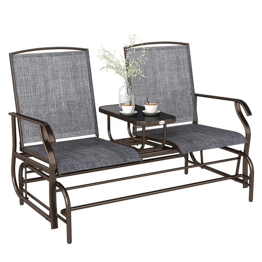 Outdoor 2-Person Glider Rocking Chair with Cushion, Grey Outdoor Gliders Brown Frame, Grey Fabric at Gallery Canada
