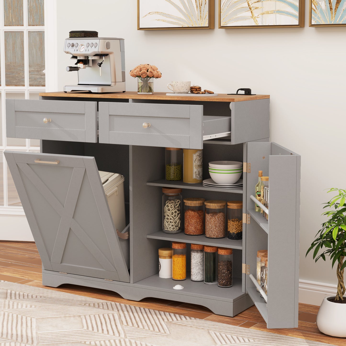 Tilt Out Trash Can Cabinet, With Outlets And Adjustable Shelf, Gray Sideboards Cabinets & Buffets at Gallery Canada