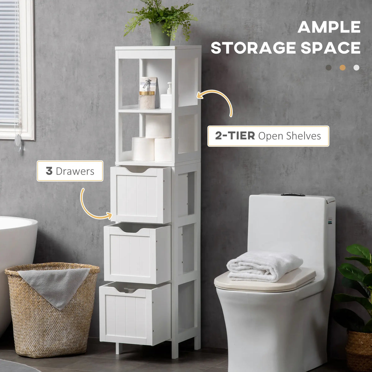 Narrow Bathroom Cabinet, 3 Drawers, 2 Tier Shelf, Tall Cupboard, White Bathroom Cabinets at Gallery Canada