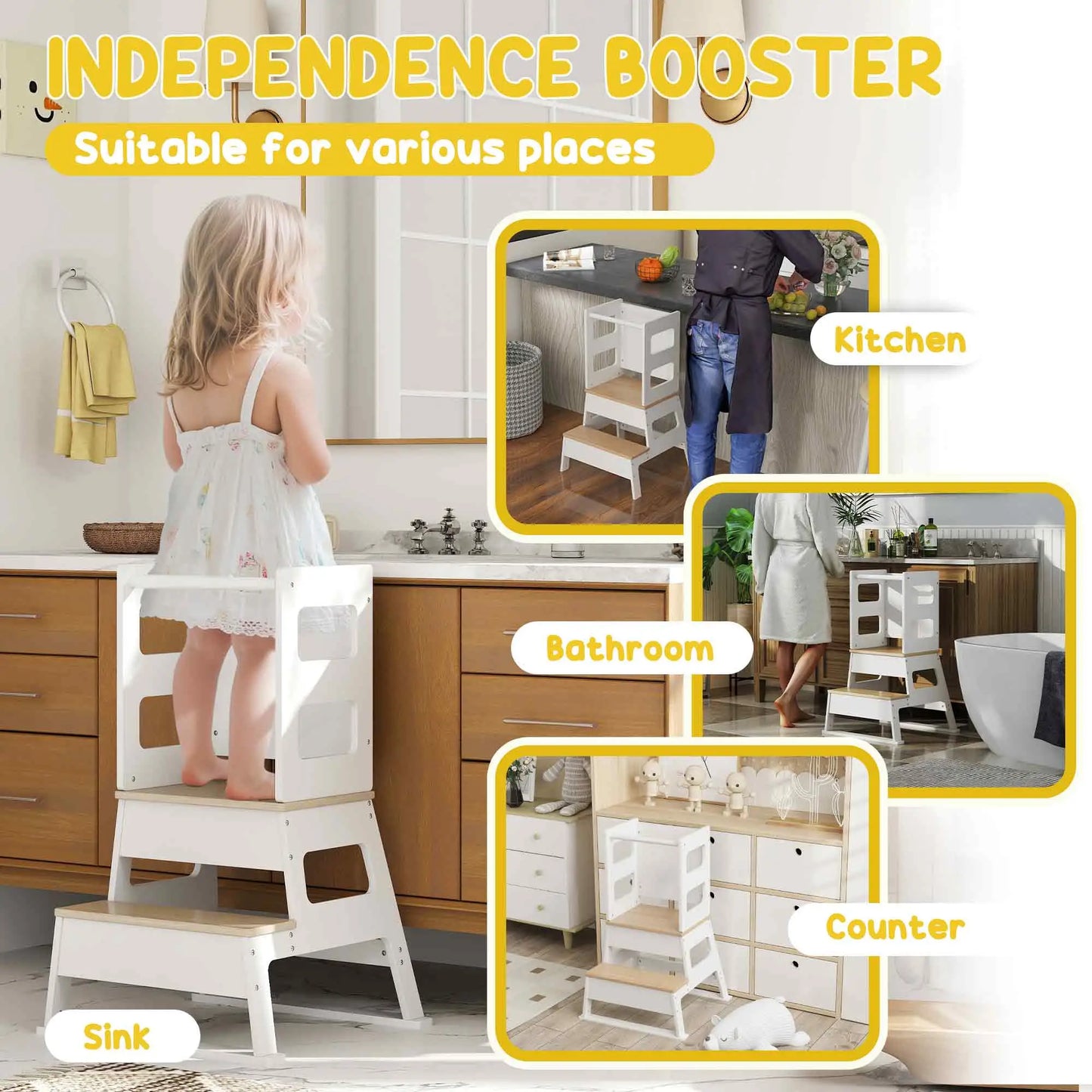 2 in 1 Toddler Tower with Chalkboard, Safety Rail, White Toddler & Kids Step Stools at Gallery Canada