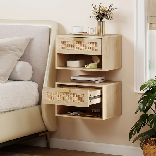 Floating Bedside Table Set, Wall Mount Nightstand With Storage Drawer, Oak Bedside Tables Oak at Gallery Canada