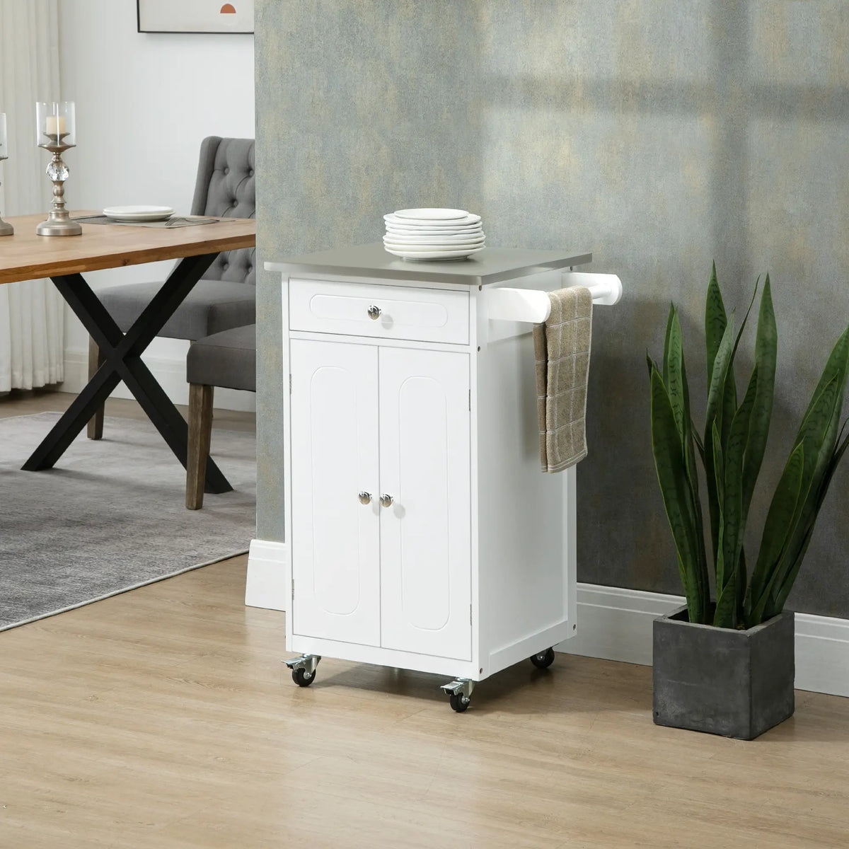 Small Kitchen Cart, Stainless Steel Top, Storage Drawer, White Kitchen Islands & Kitchen Carts at Gallery Canada