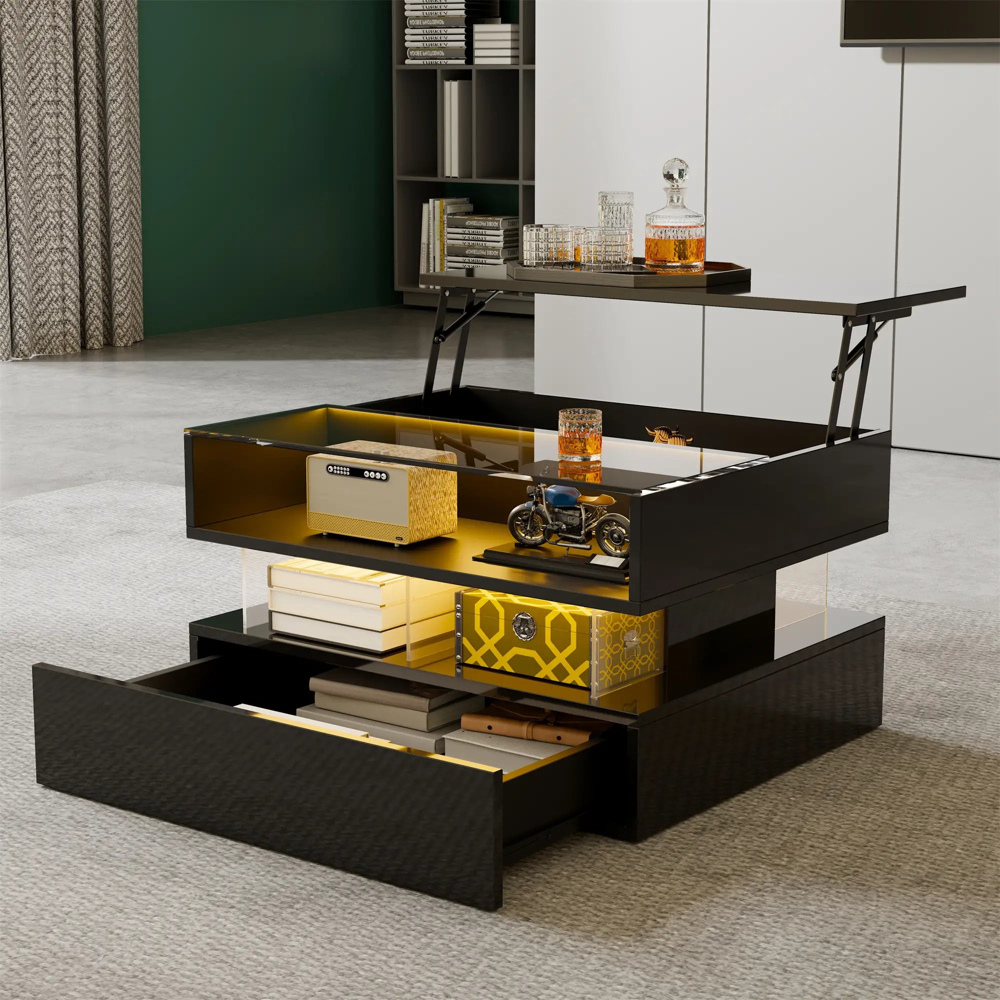 Glass Top LED Coffee Table, Storage Drawer, Adjustable Height, 26