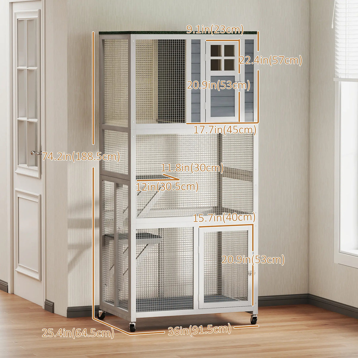 74" Wooden Outdoor Cat House, Weatherproof, Wheeled, High Weight Capacity, White Outdoor Cat Enclosures at Gallery Canada
