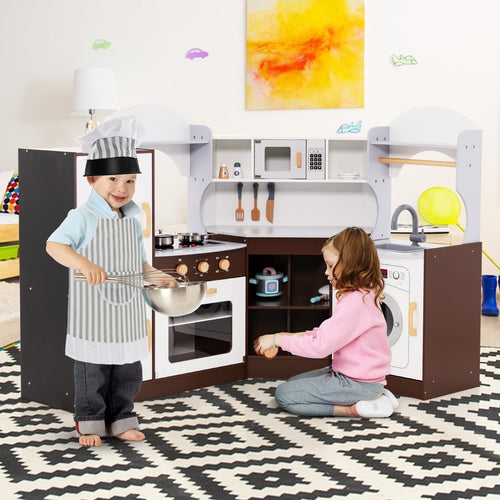 Toddler Kitchen Playset, Ice Maker Microwave Oven Sink Washing Machine, Brown