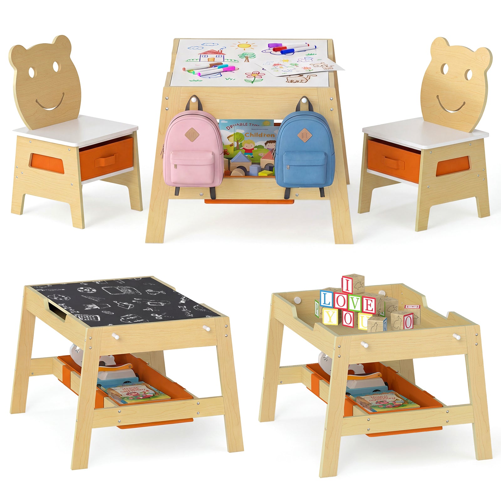 Toddler Table and 2 Chairs 5-in-1 Cute Art Desk Set with Reversible Chalkboard Whiteboard, Natural Kids Table & Chair Sets Natural at Gallery Canada