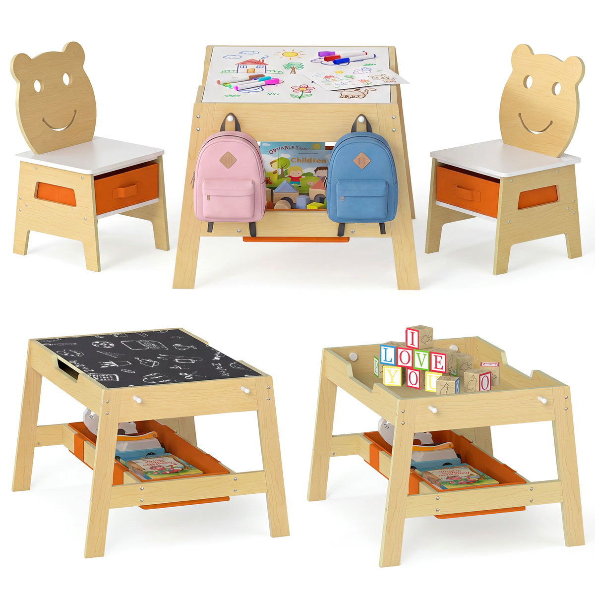 Toddler Table and 2 Chairs 5-in-1 Cute Art Desk Set with Reversible Chalkboard Whiteboard, Natural Kids Table & Chair Sets Natural at Gallery Canada