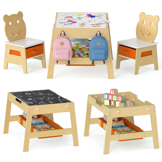 Toddler Table and 2 Chairs 5-in-1 Cute Art Desk Set with Reversible Chalkboard Whiteboard, Natural Kids Table & Chair Sets Natural at Gallery Canada