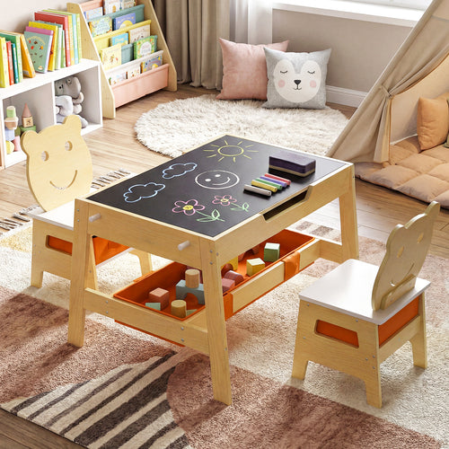 Toddler Table and 2 Chairs 5-in-1 Cute Art Desk Set with Reversible Chalkboard Whiteboard, Natural