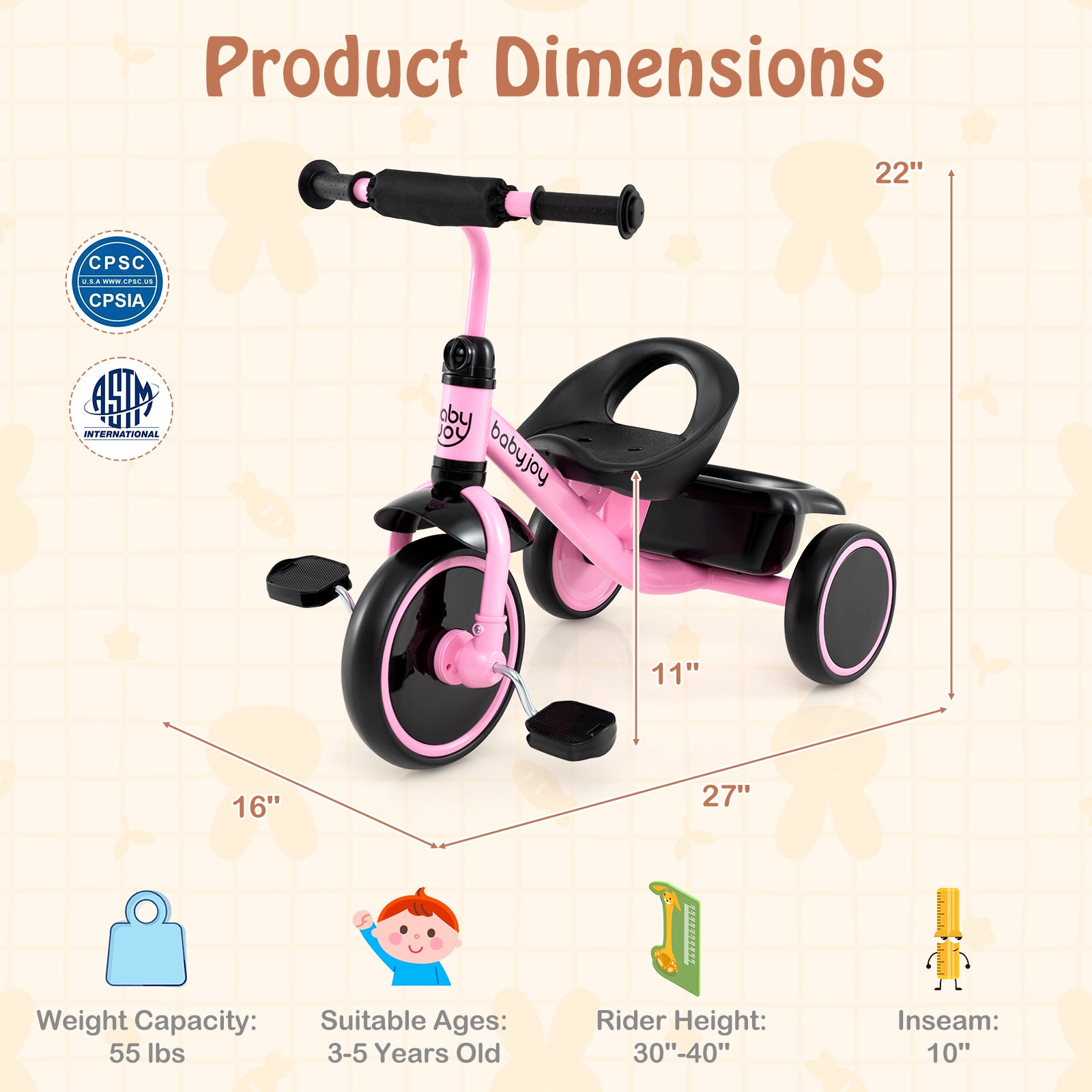 Toddler Tricycle, Adjustable Seat, Storage Basket, 3-5 Years, Pink Push & Pedal Ride On Toys at Gallery Canada