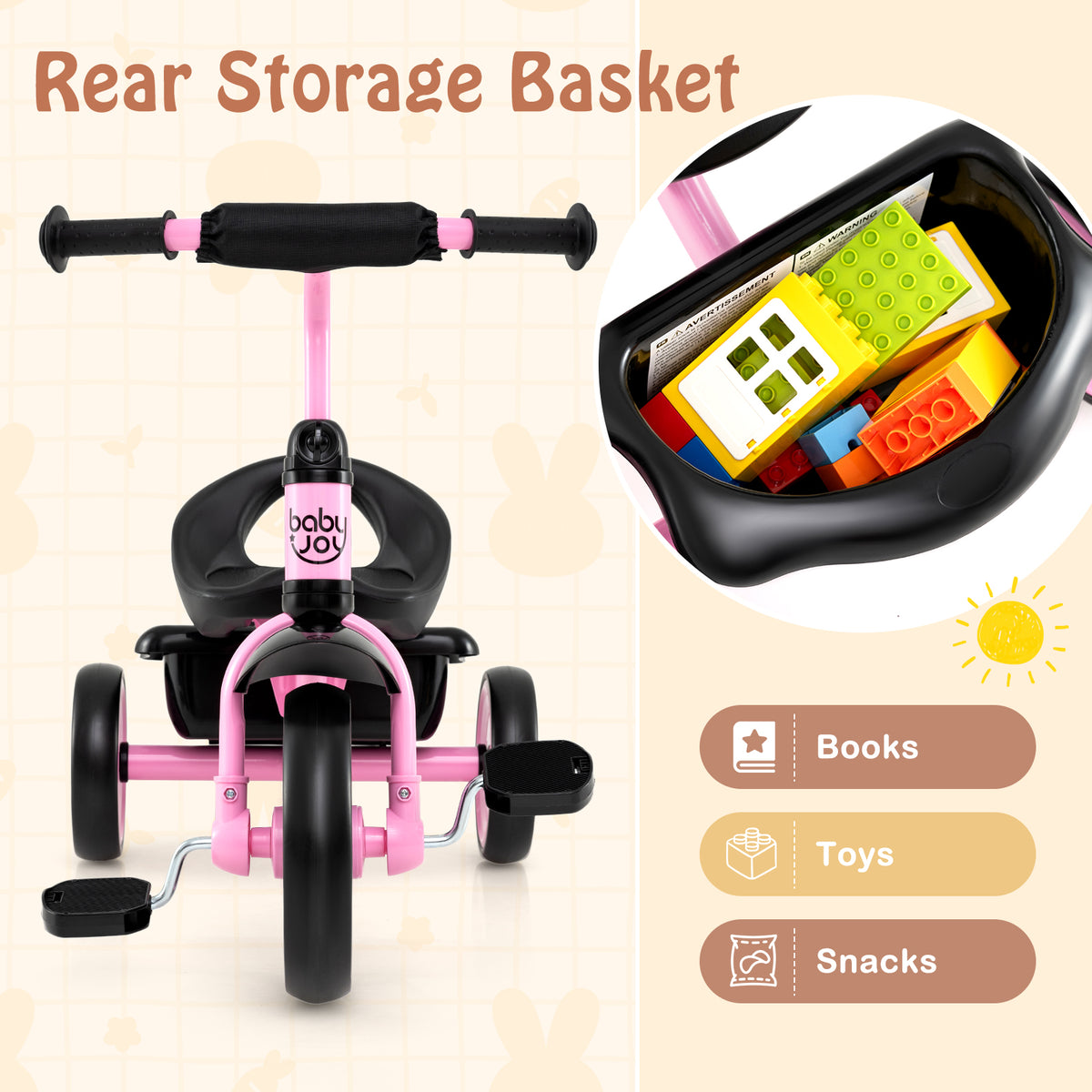 Toddler Tricycle, Adjustable Seat, Storage Basket, 3-5 Years, Pink Push & Pedal Ride On Toys at Gallery Canada