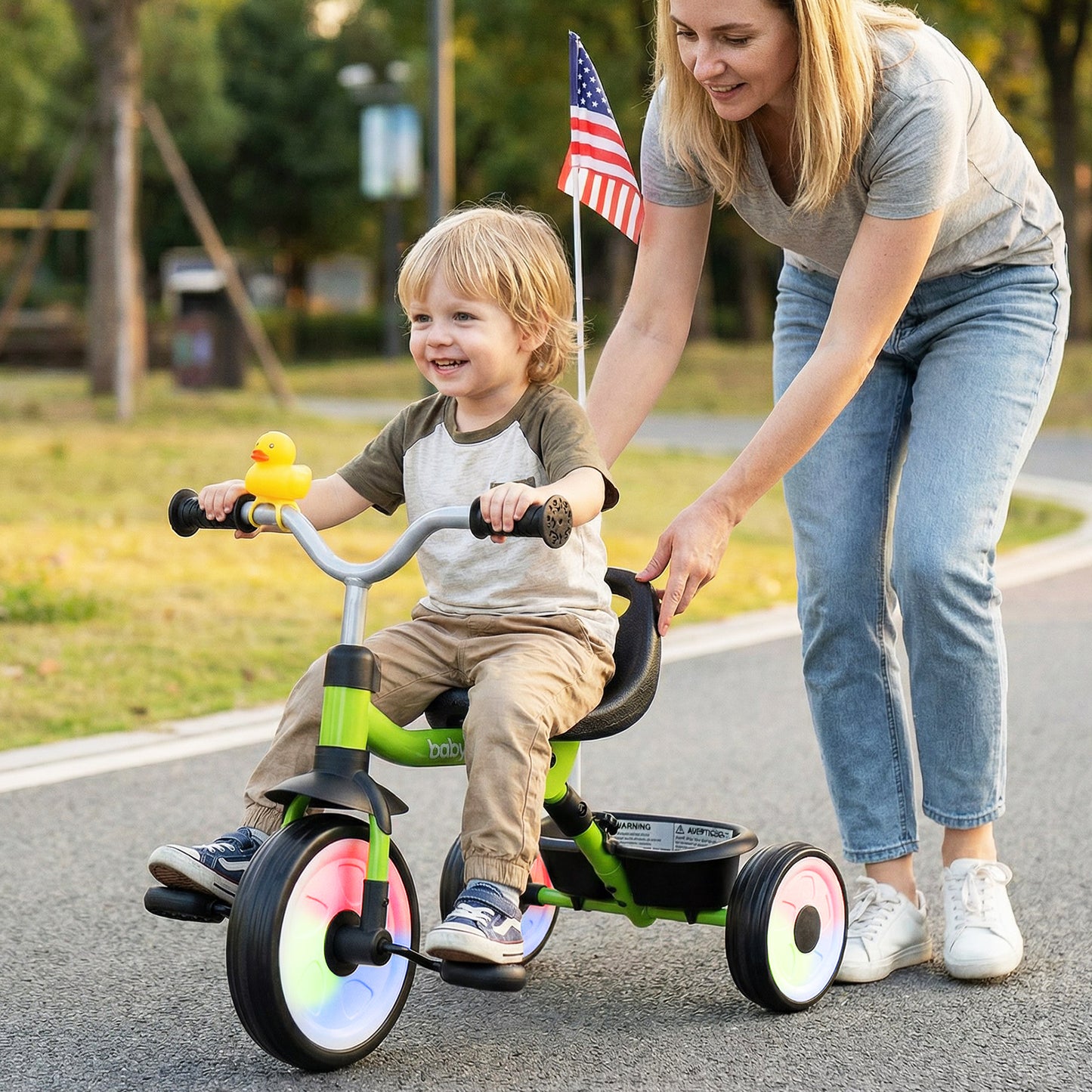 Toddler Tricycle with 3-Position Seat, Storage Basket, Green Push & Pedal Ride On Toys at Gallery Canada