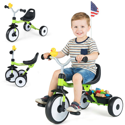 Toddler Tricycle with 3-Position Seat, Storage Basket, Green Push & Pedal Ride On Toys at Gallery Canada