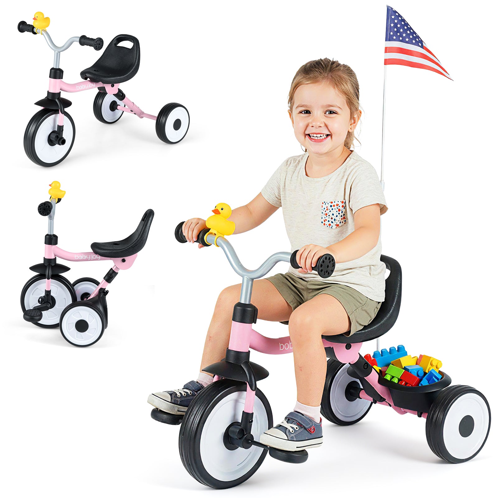 Toddler Tricycle with 3-Position Seat and Storage Basket for Kids, Pink Push & Pedal Ride On Toys at Gallery Canada