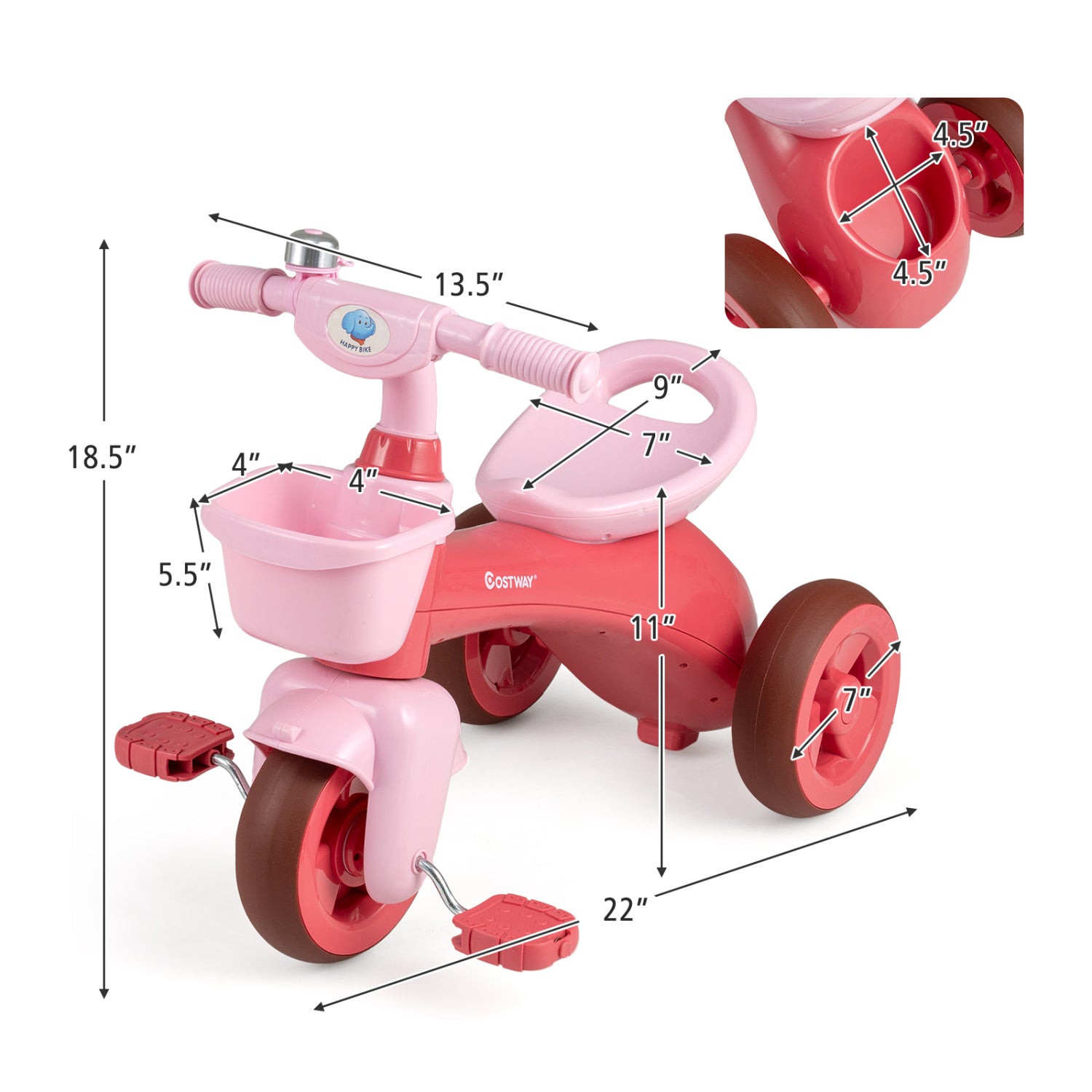 Toddler Tricycle, With Basket & Bell, Pink Push & Pedal Ride On Toys at Gallery Canada