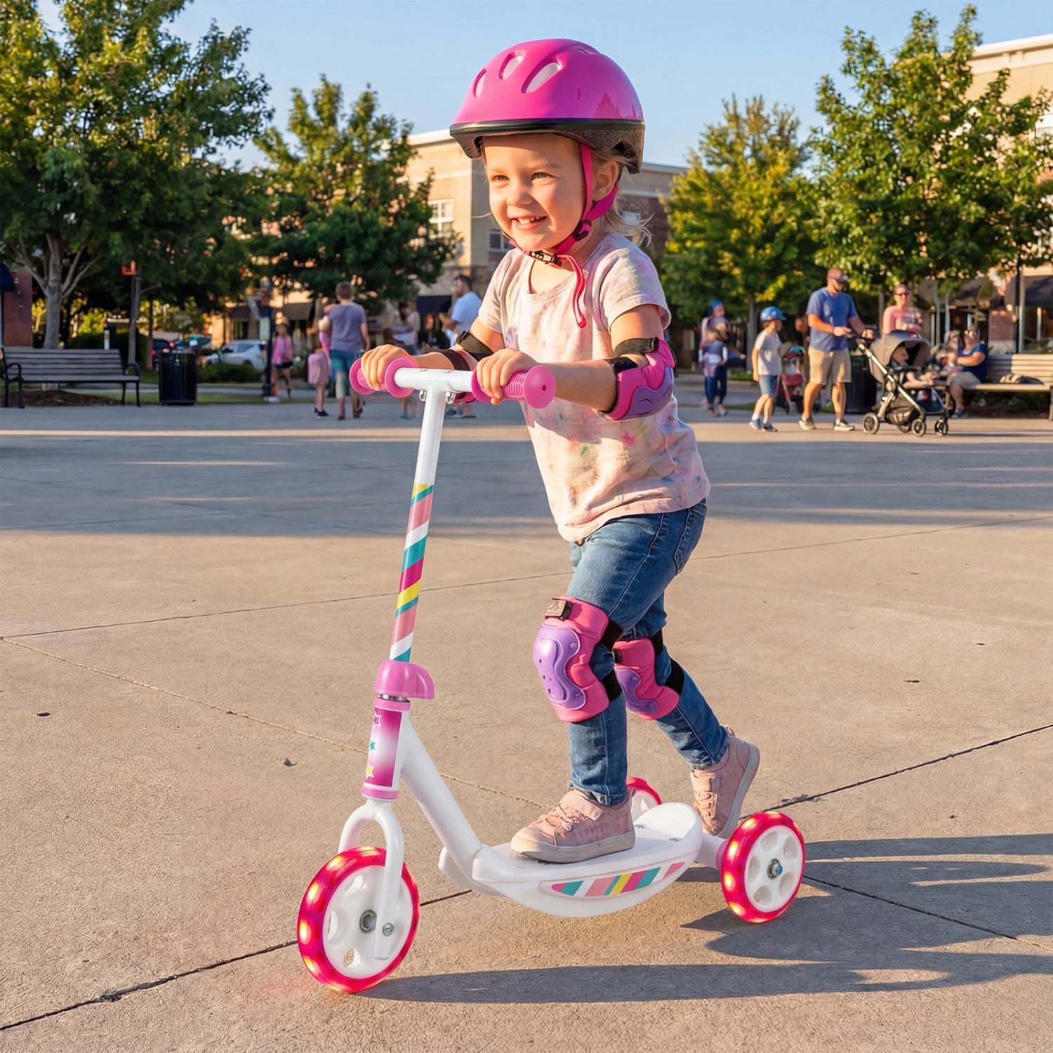 Toddlers Kick Scooter with LED Light-Up Wheels and Wide Anti-Slip Deck for Boys and Girls, Pink Scooters at Gallery Canada