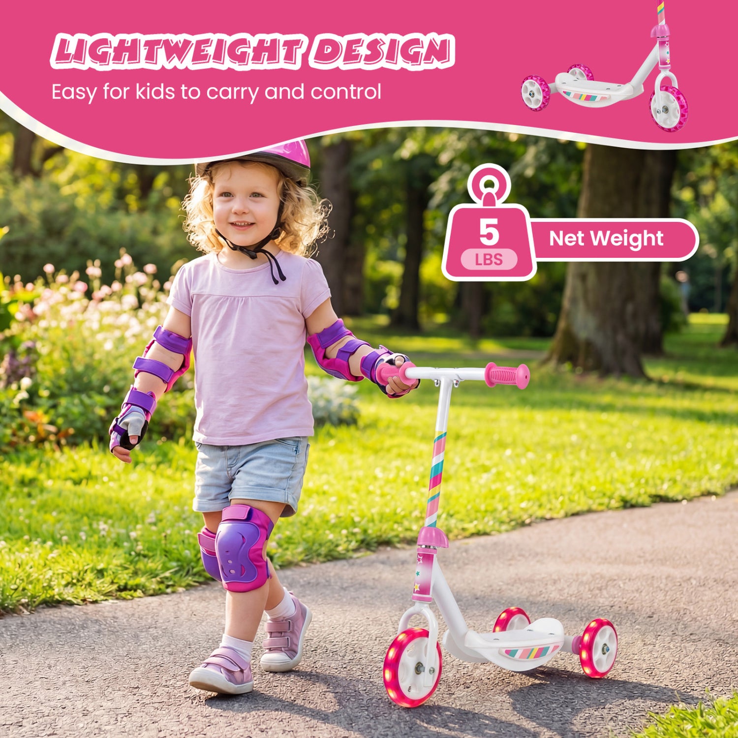 Toddlers Kick Scooter with LED Light-Up Wheels and Wide Anti-Slip Deck for Boys and Girls, Pink Scooters at Gallery Canada