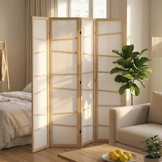 66.9" Folding Room Divider, 4 Panel Wood Frame, Natural Wood Room Dividers Natural Wood, White at Gallery Canada