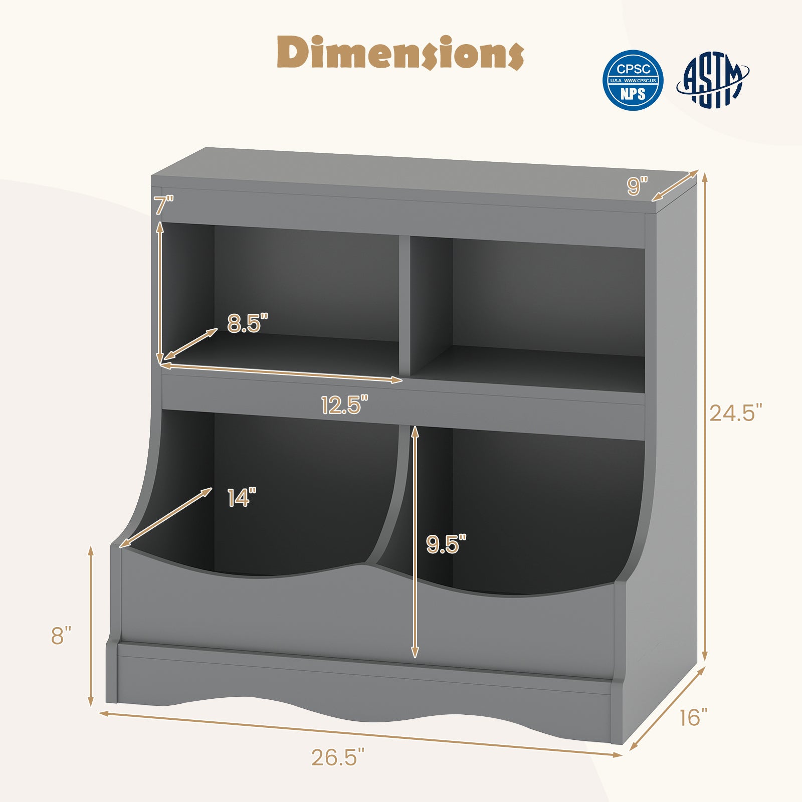 Toy Storage Organizer 4-Cubby Kids Bookcase for Toys and Books, Gray Kids Storage at Gallery Canada