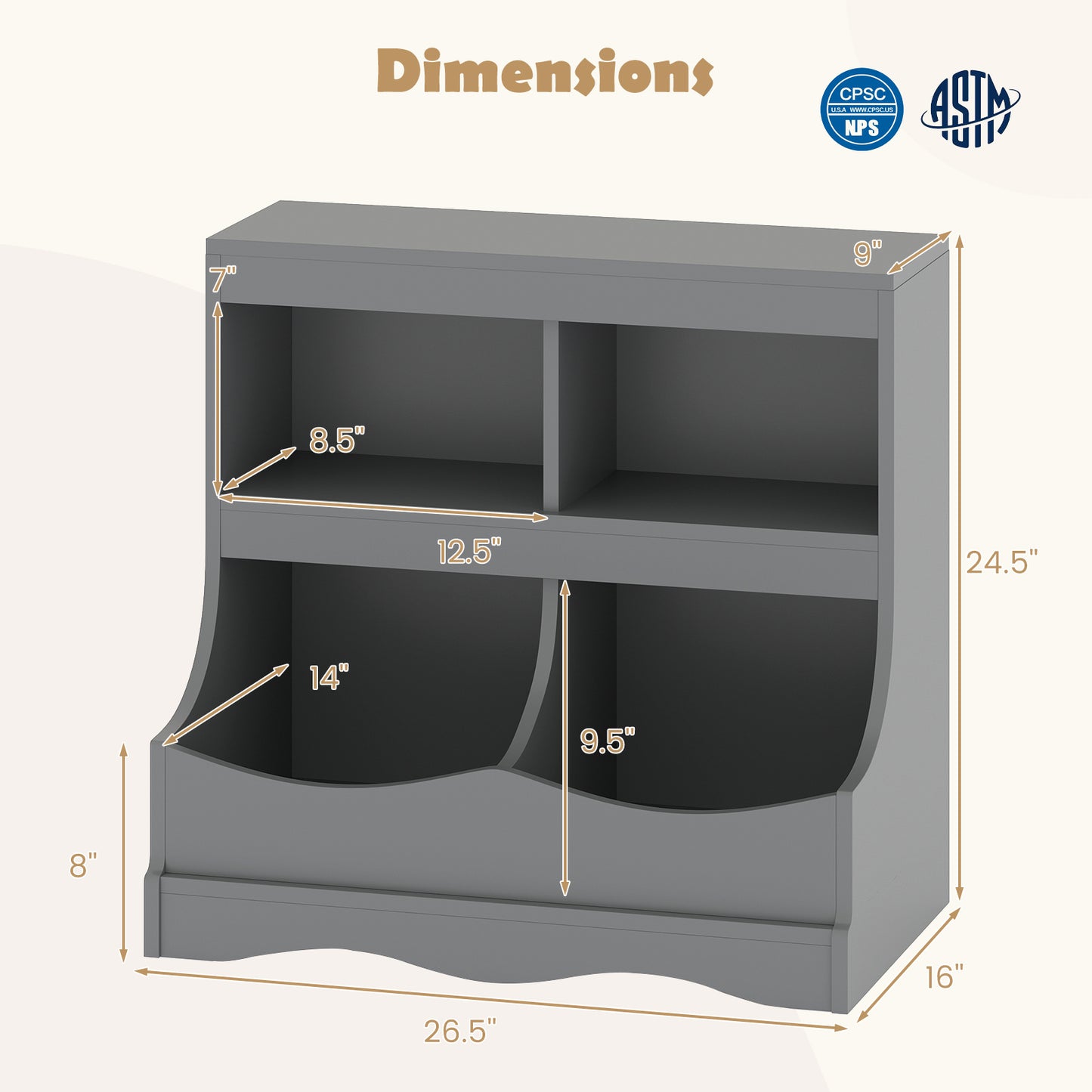 Toy Storage Organizer 4-Cubby Kids Bookcase for Toys and Books, Gray Kids Storage at Gallery Canada