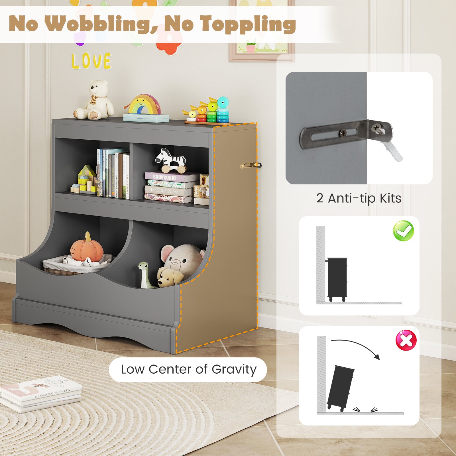 Toy Storage Organizer 4-Cubby Kids Bookcase for Toys and Books, Gray Kids Storage at Gallery Canada