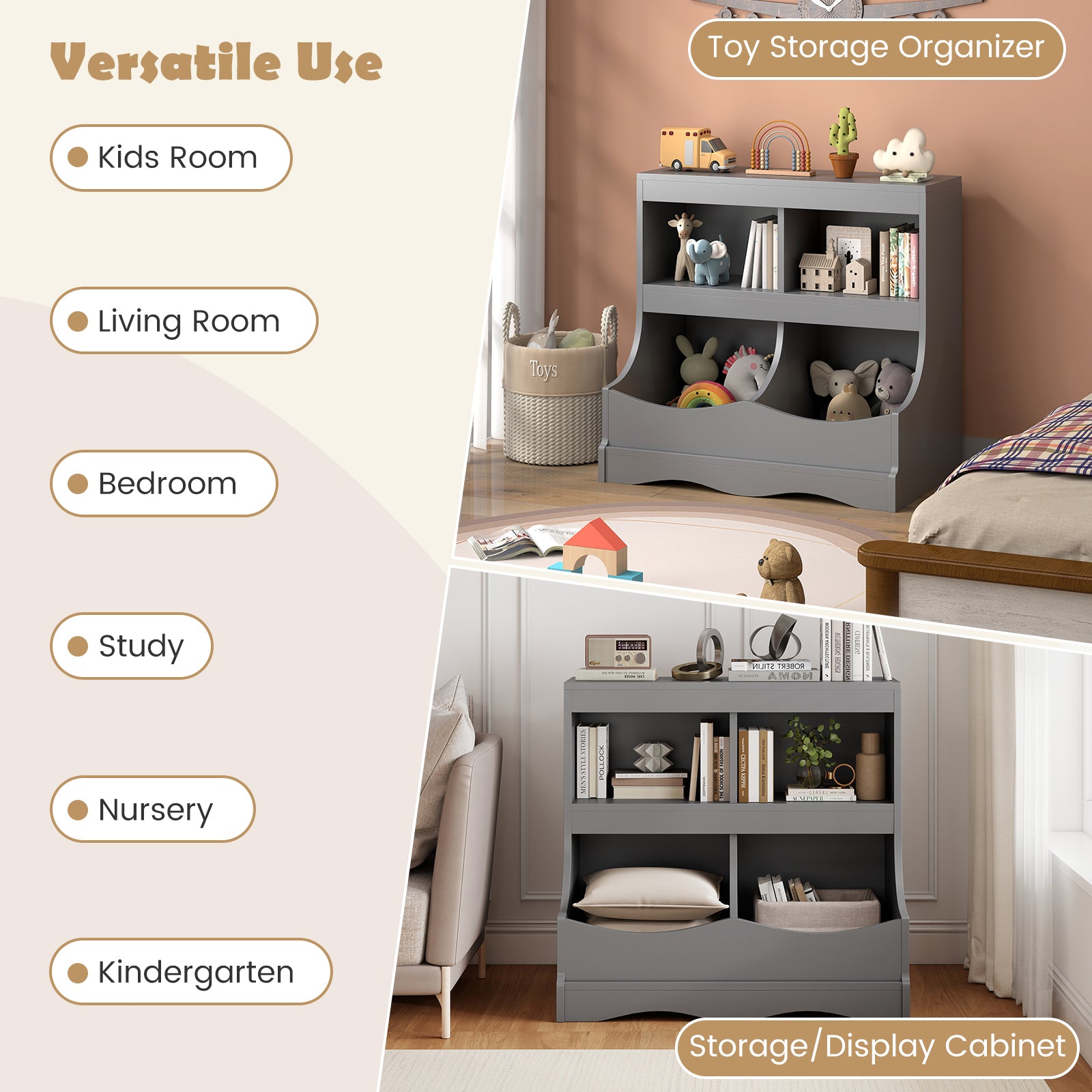 Toy Storage Organizer 4-Cubby Kids Bookcase for Toys and Books, Gray Kids Storage at Gallery Canada