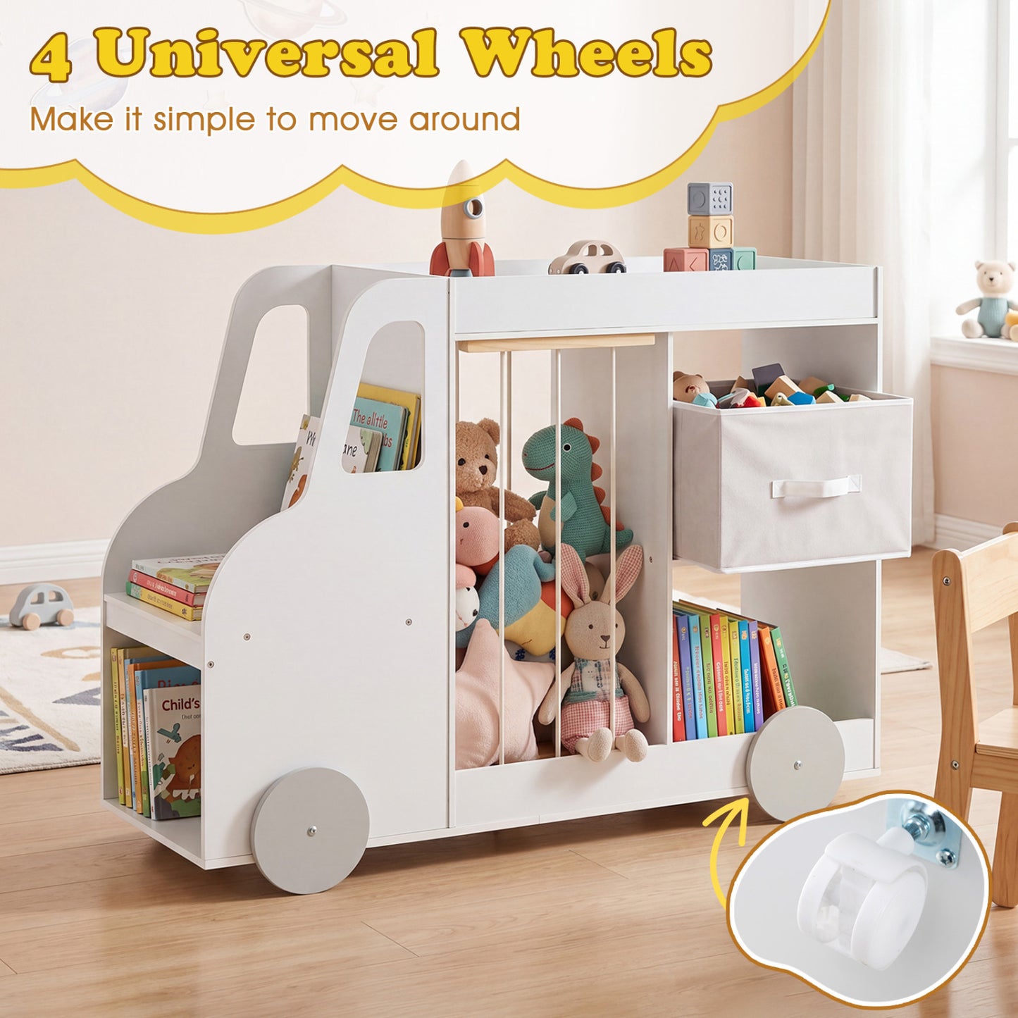 Toy Storage Organizer with Stuffed Animal Storage Fabric Drawer and Universal Wheels, White Kids Storage at Gallery Canada
