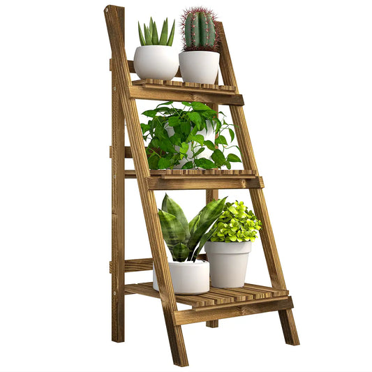Foldable 3-Tier Wooden Plant Stand, Garden Indoor Outdoor, 16" x 15" x 37" Plant Stands Carbonized Wood Color at Gallery Canada