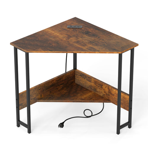 Triangle Computer Corner Desk With Charging Station, Rustic Brown