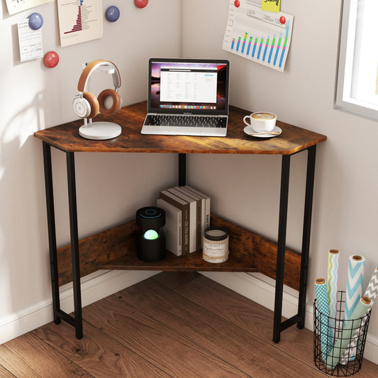 Triangle Computer Corner Desk With Charging Station, Rustic Brown Corner Desks Rustic Brown at Gallery Canada