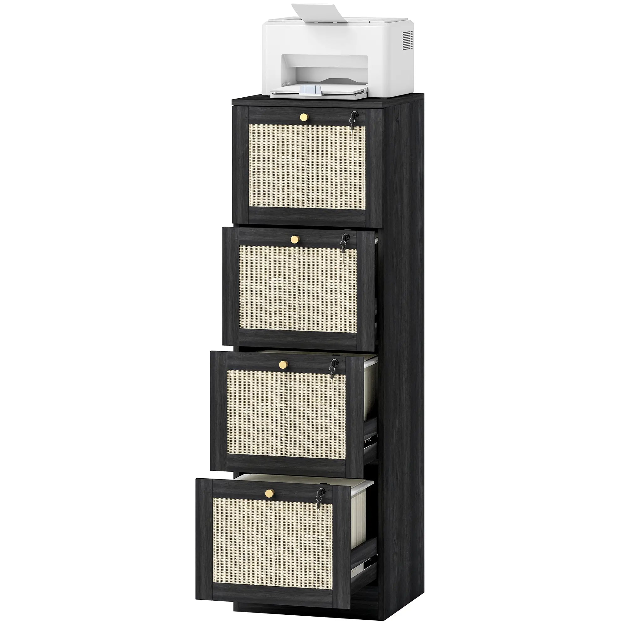 4 Drawer Filing Cabinet with Lock, Boho Style, A4 Letter Size, Black Office Cabinets & Cupboards Black at Gallery Canada