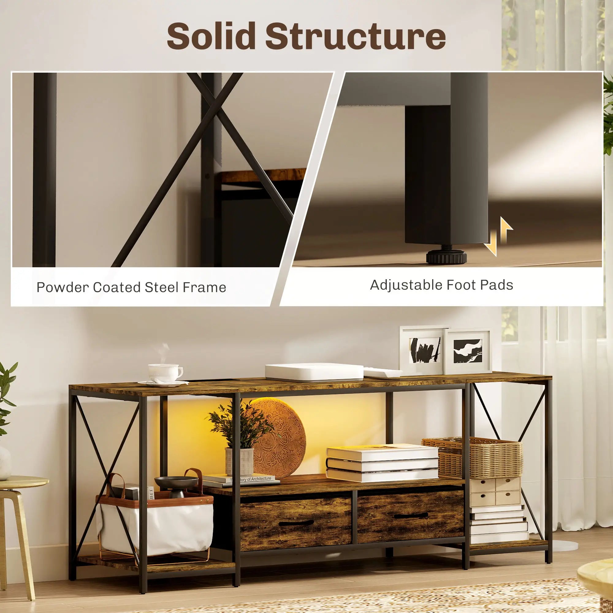 Industrial TV Stand For 55 Inch, Rustic Brown, Charging Station, RGB LED, Brown TV Stands at Gallery Canada