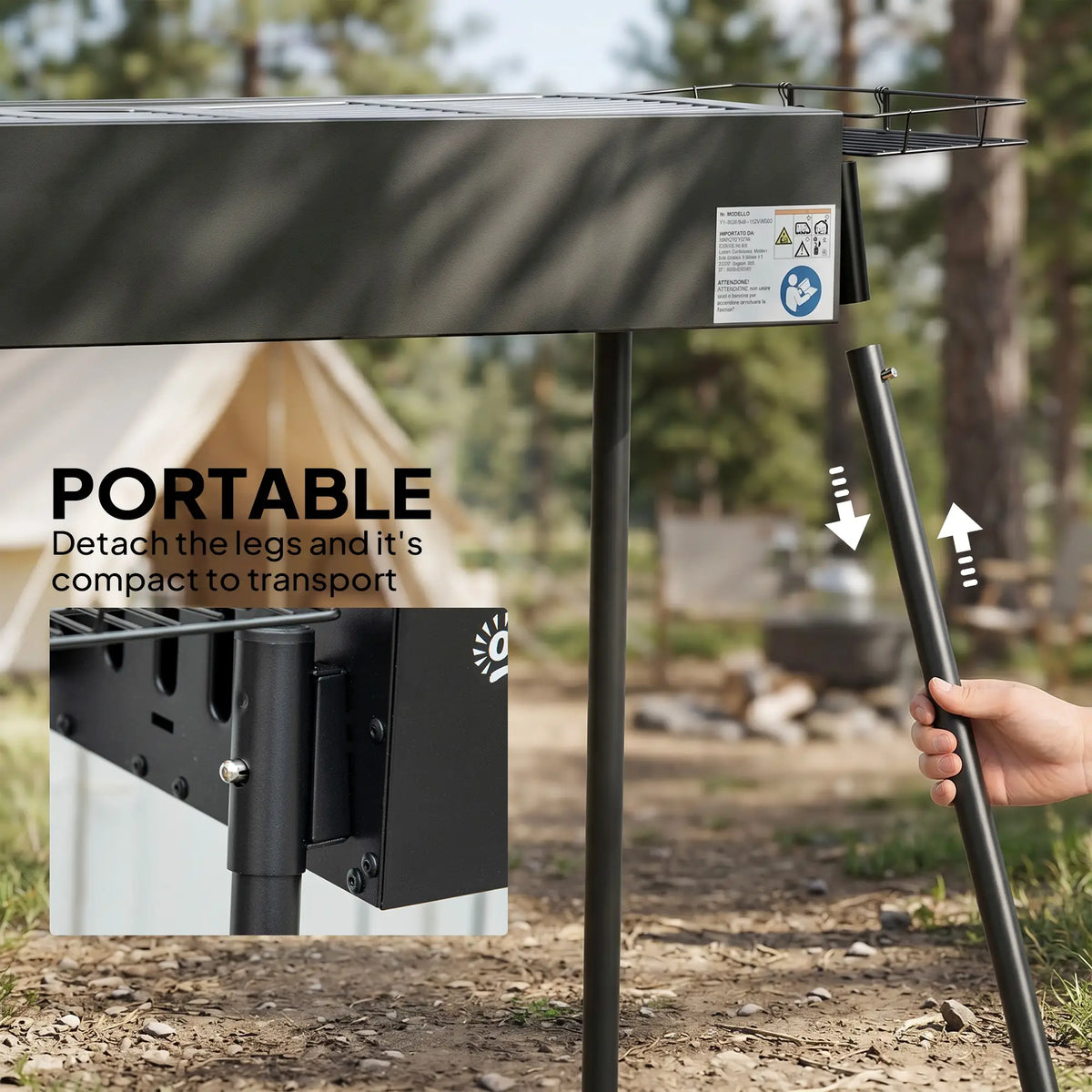 Portable Charcoal Grill With Side Baskets, Hooks, Nets, Black