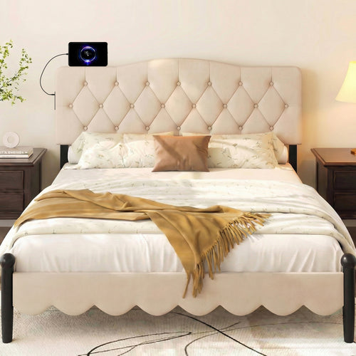 Tufted Upholstered Headboard, Queen Full Size, 2 AC Outlets, Beige