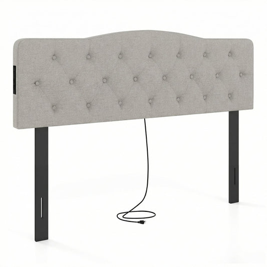 Tufted Upholstered Headboard, Queen Full Size, 2 AC Outlets, Gray Headboards Gray at Gallery Canada