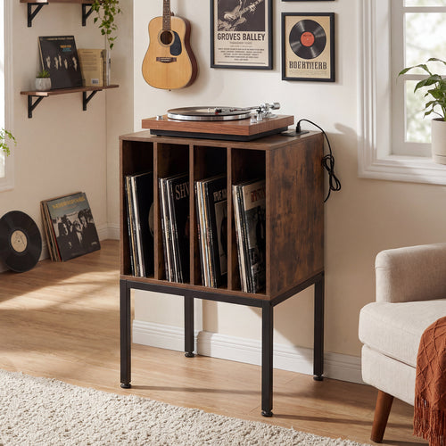 Turntable Record Player Stand With Power Outlets, Rustic Brown