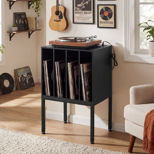 Turntable Record Player Stand With Power Outlets, Black