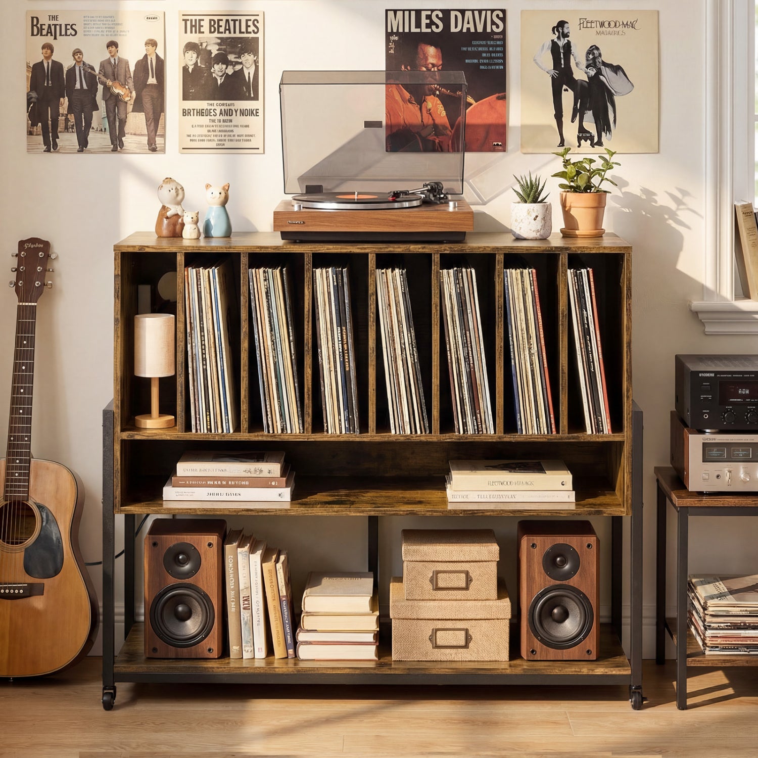 Turntable Stand with Charging Station, Vinyl Shelves, Rustic Brown End & Side Tables at Gallery Canada