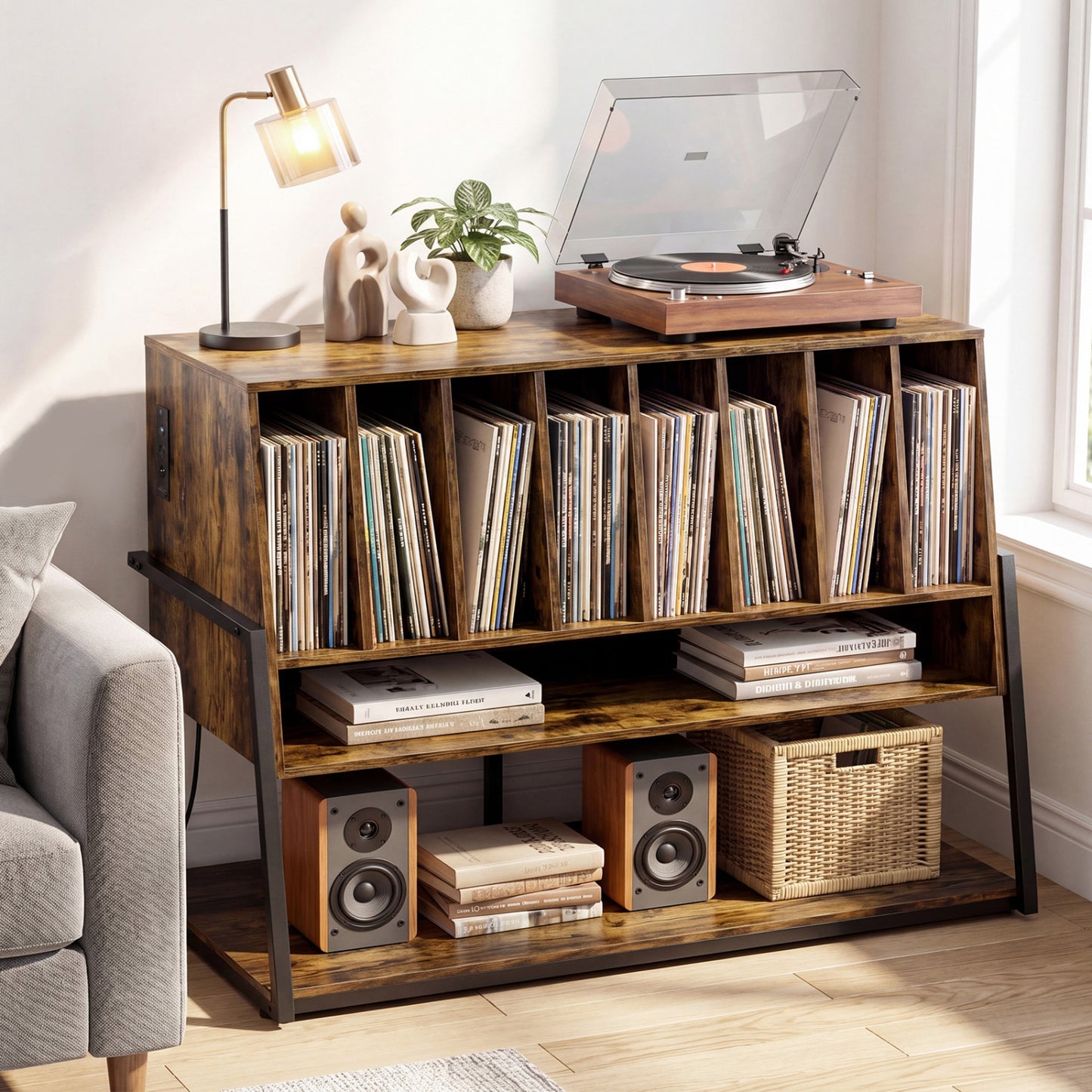 Turntable Stand with Charging Station, Vinyl Shelves, Rustic Brown End & Side Tables at Gallery Canada