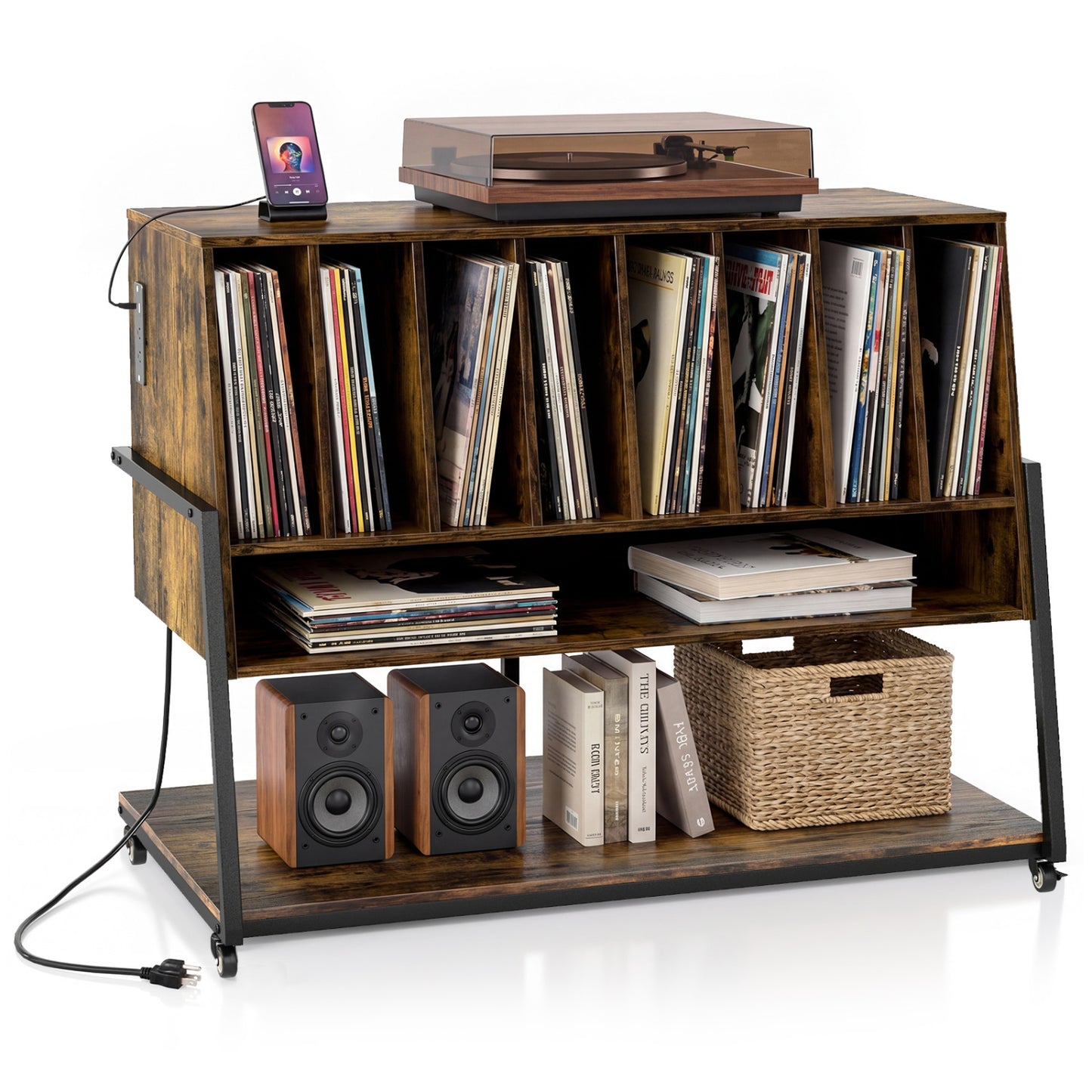 Turntable Stand with Charging Station, Vinyl Shelves, Rustic Brown End & Side Tables Rustic Brown at Gallery Canada