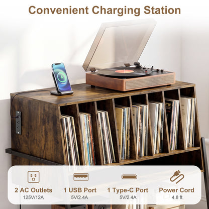 Turntable Stand with Charging Station, Vinyl Shelves, Rustic Brown End & Side Tables at Gallery Canada