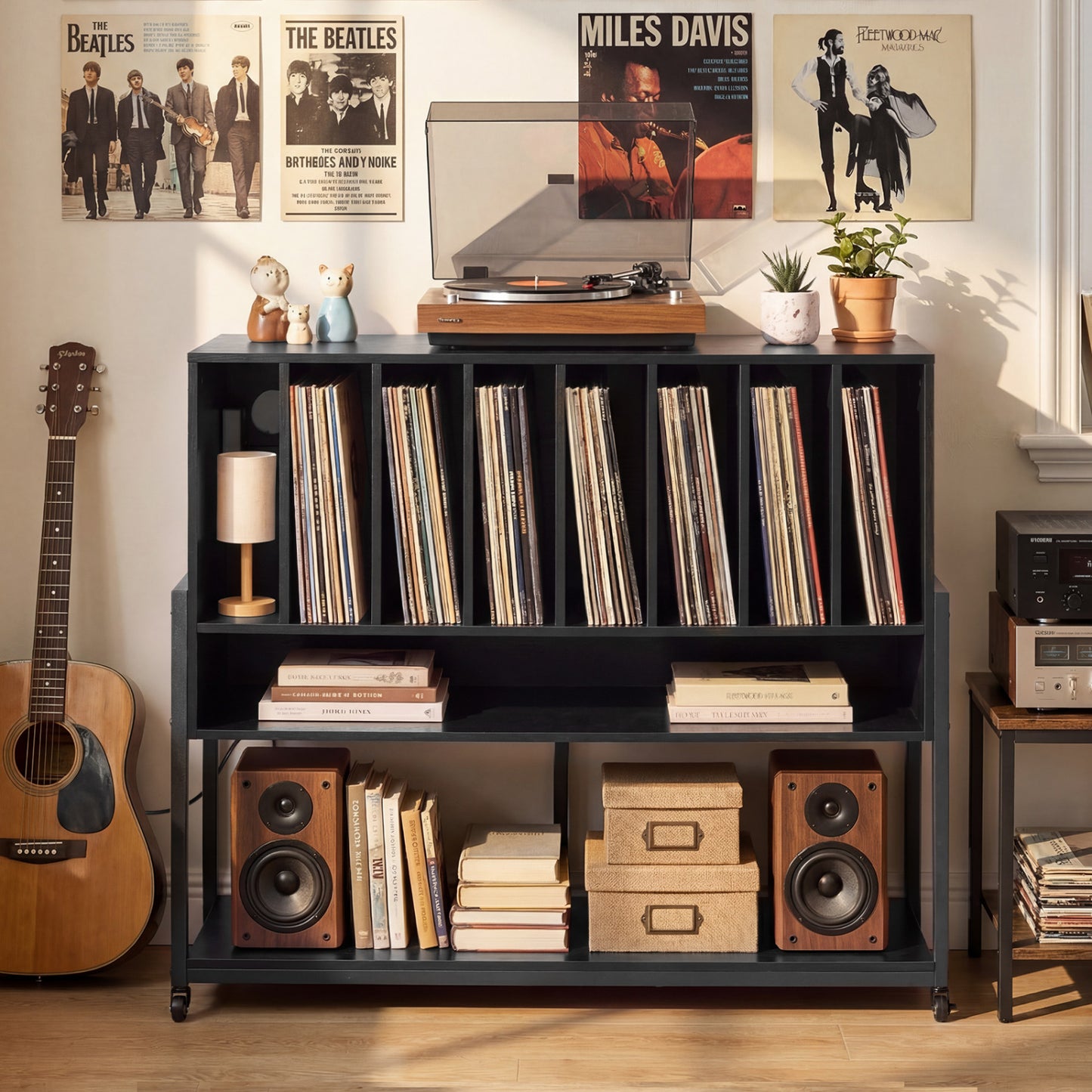 Turntable Stand With Vinyl Shelves, Charging Station, Black End & Side Tables at Gallery Canada